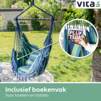 Vita5 XXL Hangstoel | Binnen&Buiten Hangnest | Incl. 2 Kussens en Boekenvak | Volwassenen&Kinderen | Hangmatstoel tot 200kg | Blauw/Groen zonder Ophangsysteem
